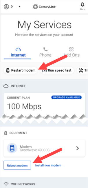 Screenshot from CenturyLink app showing Services screen with buttons to reboot modem