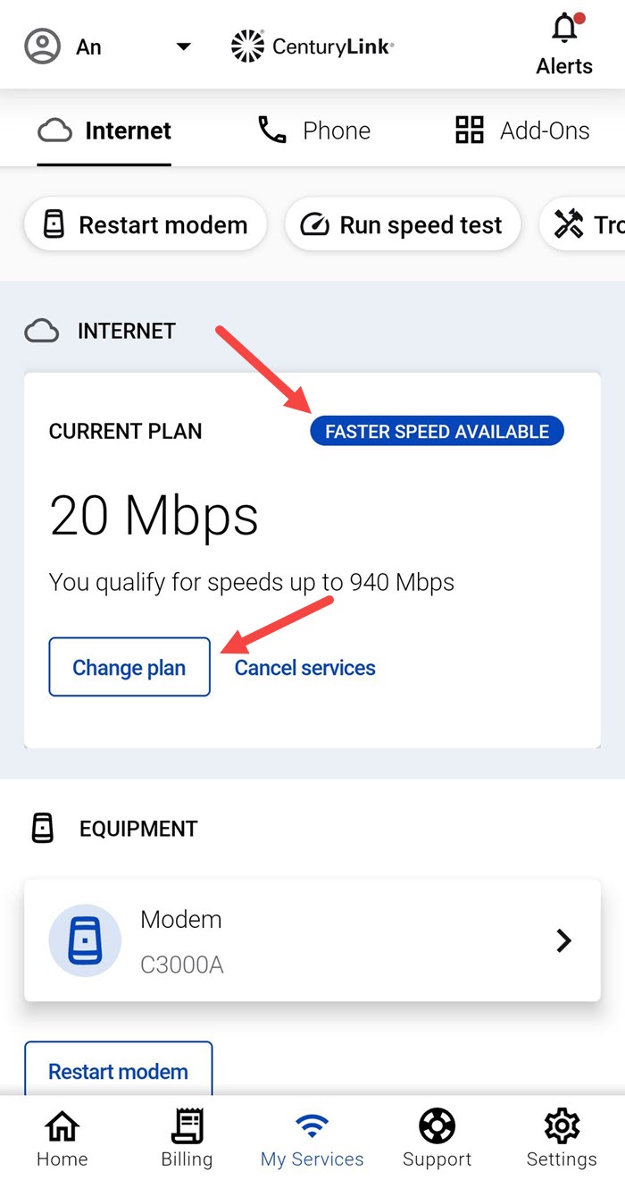 App screenshot showing Services and options to upgrade