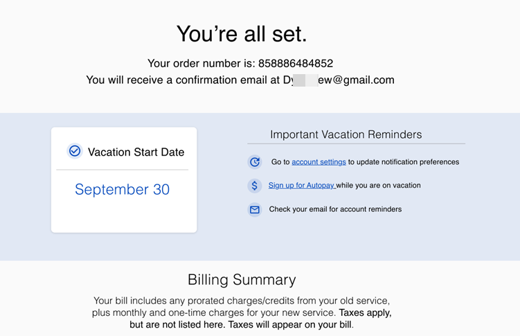 Vacation service order confirmation