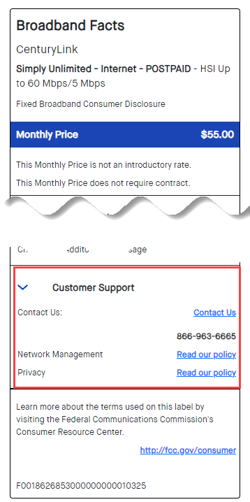 CenturyLink Broadband Internet Information Label, Customer support