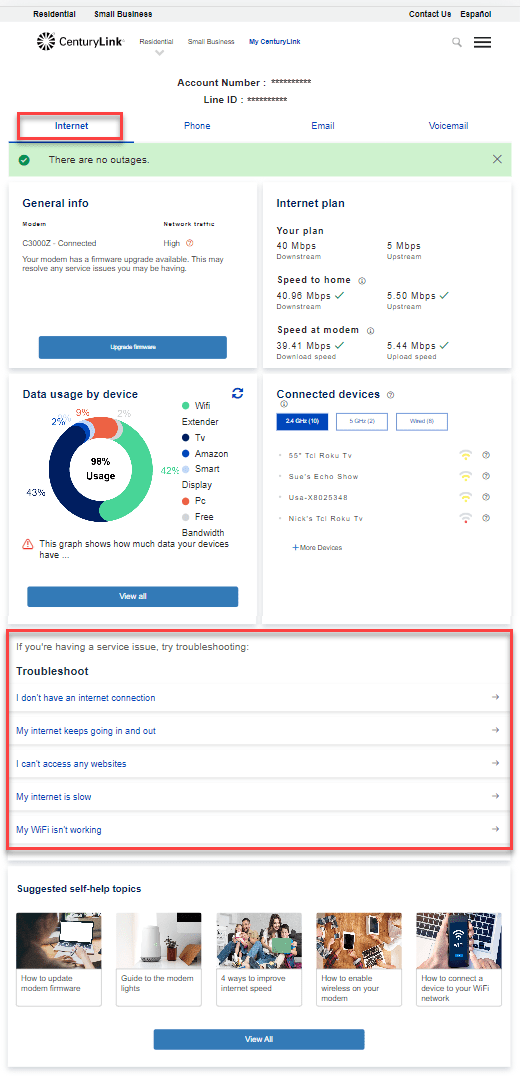 Troubleshooter internet dashboard screenshot